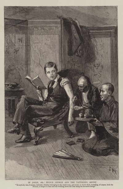 En Japón, 1881, el Príncipe George y el artista del tatuaje de Sydney Prior Hall