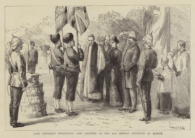 Lady Dufferin presentando nuevos colores a la 18ª Infantería de Bengala en Alipur de Sydney Prior Hall