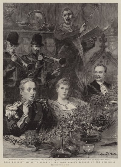 Lord Rosebery levantándose para hablar en el banquete del alcalde en el Guildhall de Sydney Prior Hall