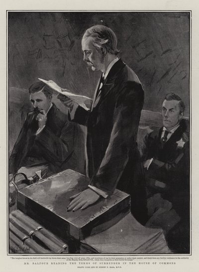 El Sr. Balfour leyendo los términos de la rendición en la Cámara de los Comunes de Sydney Prior Hall