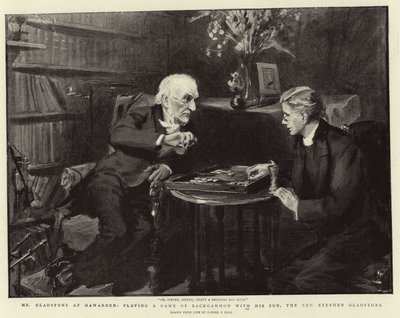 El Sr. Gladstone en Hawarden, jugando una partida de backgammon con su hijo, el reverendo Stephen Gladstone de Sydney Prior Hall