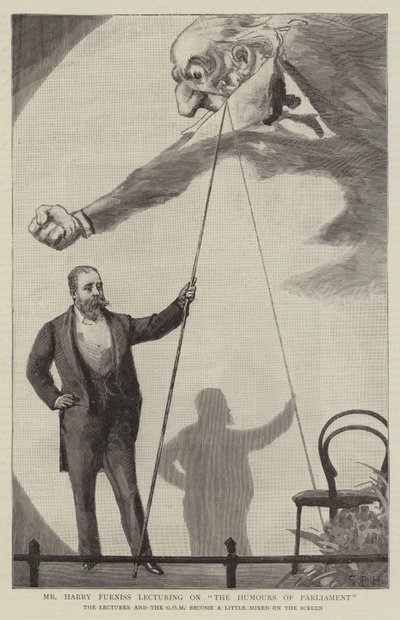 El Sr. Harry Furniss dando una conferencia sobre Los Humores del Parlamento de Sydney Prior Hall