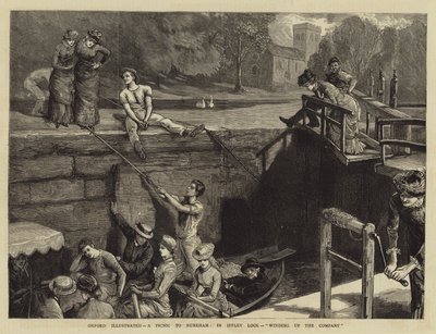 Oxford ilustrado, un picnic a Nuneham, en la esclusa de Iffley, recogiendo a la compañía de Sydney Prior Hall