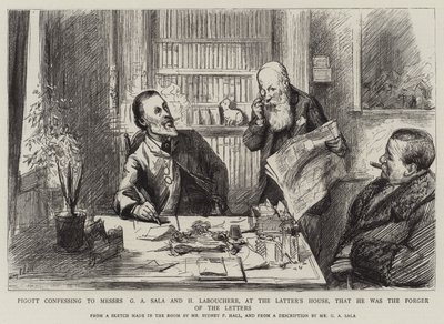 Pigott confesando a los señores G A Sala y H Labouchere, en la casa de este último, que él era el falsificador de las cartas de Sydney Prior Hall