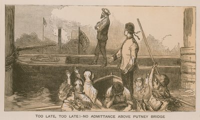 Reminiscencias de una carrera de botes de Oxford y Cambridge: ¡Demasiado tarde, demasiado tarde! No hay admisión por encima del Puente Putney de Sydney Prior Hall