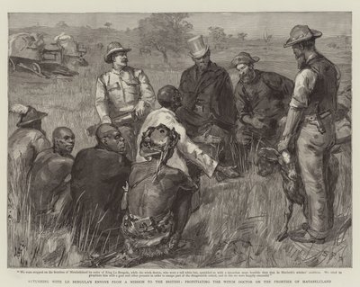 Regresando con los enviados de Lo Bengula de una misión a los británicos, propiciando al curandero en la frontera de Matabeleland de Sydney Prior Hall