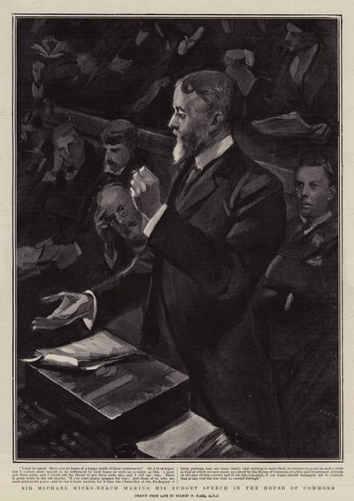 Sir Michael Hicks-Beach dando su Discurso Presupuestario en la Cámara de los Comunes de Sydney Prior Hall