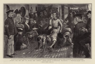 Deportes para los hombres a bordo del Ophir, sus Altezas Reales observando una carrera de carretillas de Sydney Prior Hall