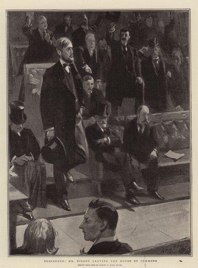 Suspendido, el Sr. Dillon saliendo de la Cámara de los Comunes de Sydney Prior Hall