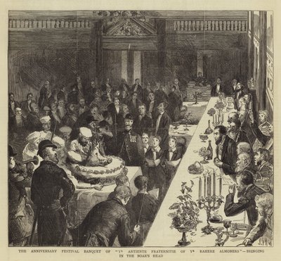 El banquete del festival de aniversario de Ye Antiente Fraternitie de Ye Rahere Almoners, trayendo la cabeza de jabalí de Sydney Prior Hall