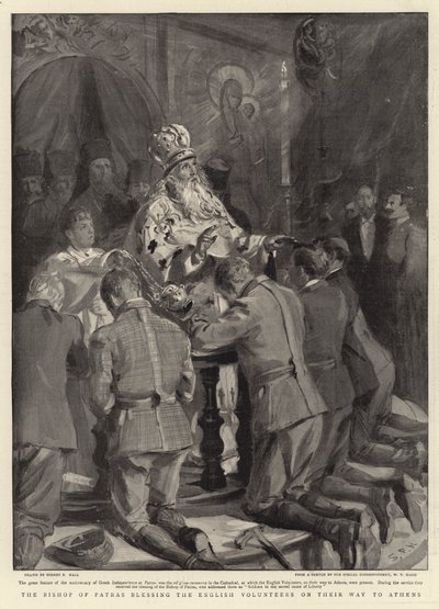 El obispo de Patras bendiciendo a los voluntarios ingleses en su camino a Atenas de Sydney Prior Hall