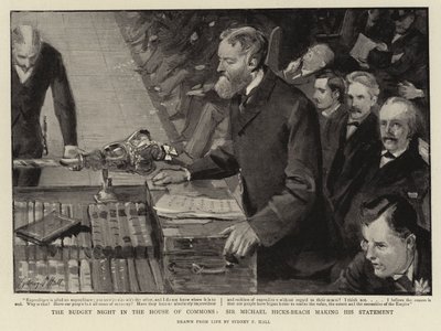 La noche del presupuesto en la Cámara de los Comunes, Sir Michael Hicks-Beach haciendo su declaración de Sydney Prior Hall