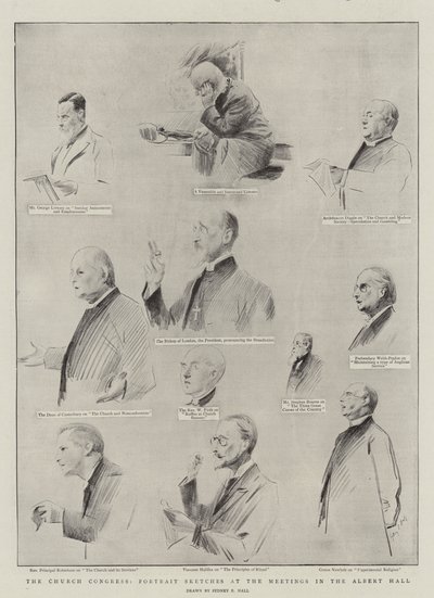 El Congreso de la Iglesia, bocetos de retratos en las reuniones en el Albert Hall de Sydney Prior Hall