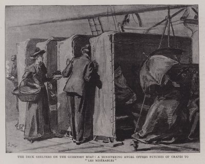 Los refugios en la cubierta del barco de Guernsey, un ángel ministrante ofrece racimos de uvas a los miserables de Sydney Prior Hall