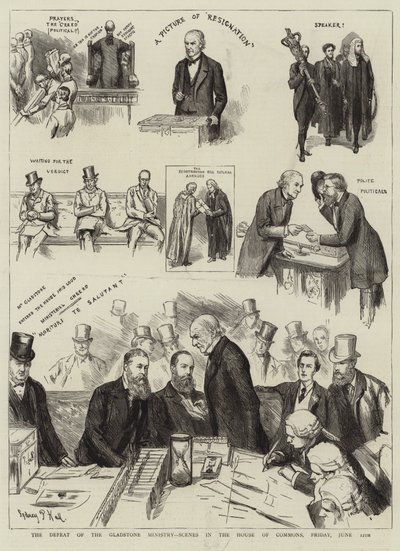 La derrota del Ministerio Gladstone, escenas en la Cámara de los Comunes, viernes 12 de junio de Sydney Prior Hall