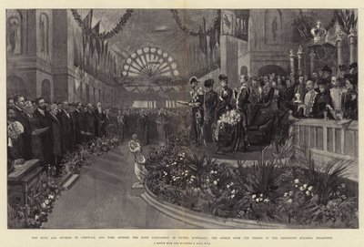 El Duque y la Duquesa de Cornualles y York abriendo el Primer Parlamento de Australia Unida, el Discurso del Trono en el Edificio de la Exposición, Melbourne de Sydney Prior Hall