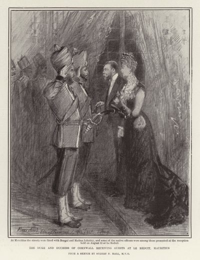 El Duque y la Duquesa de Cornwall recibiendo invitados en Le Reduit, Mauricio de Sydney Prior Hall