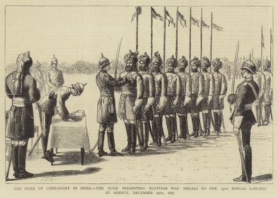 El Duque de Connaught en India, el Duque presentando Medallas de la Guerra Egipcia a los 13º Lanceros de Bengala en Meerut, 19 de diciembre de 1883 de Sydney Prior Hall