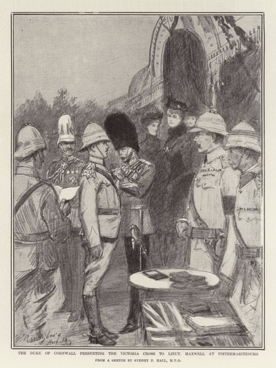 El Duque de Cornwall presentando la Cruz Victoria al Teniente Maxwell en Pietermaritzburg de Sydney Prior Hall