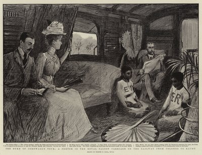 El Tour del Duque de Cornualles, un Boceto en el Vagón Real en el Ferrocarril de Colombo a Kandy de Sydney Prior Hall