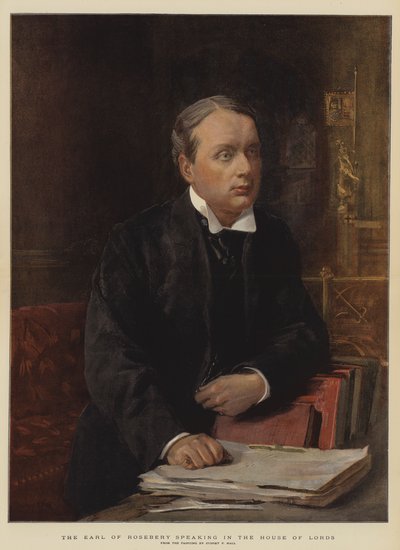 El Conde de Rosebery hablando en la Cámara de los Lores (cromolitografía) de Sydney Prior Hall
