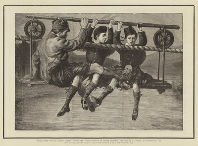 El primer viaje, el príncipe Alberto Víctor y el príncipe Jorge de Gales cruzando el Dee en una cuna en Abergeldie 1876 de Sydney Prior Hall