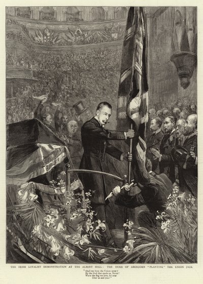 La demostración lealista irlandesa en el Albert Hall, el Duque de Abercorn plantando la Union Jack de Sydney Prior Hall