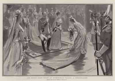 La primera corte del rey en el Palacio de Buckingham, una presentación de Sydney Prior Hall