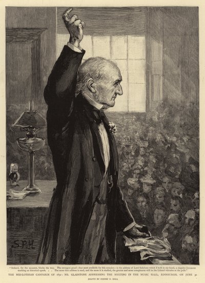 La campaña de Mid-Lothian de 1892, el Sr. Gladstone dirigiéndose a la reunión en el Music Hall, Edimburgo, el 30 de junio de Sydney Prior Hall