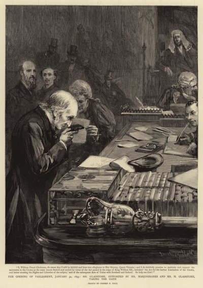 La apertura del Parlamento, 31 de enero de 1893, el Sr. Gladstone, apoyado por el Sr. Marjoribanks y el Sr. H Gladstone, tomando el juramento de Sydney Prior Hall