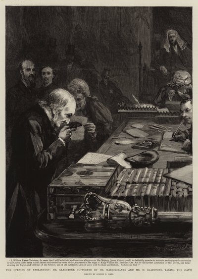 La apertura del Parlamento, el Sr. Gladstone, apoyado por el Sr. Marjoribanks y el Sr. H. Gladstone, prestando juramento de Sydney Prior Hall