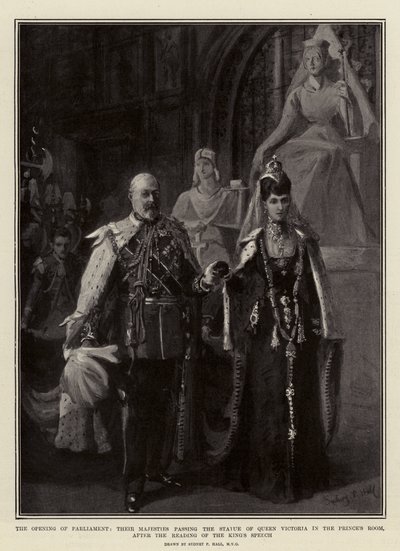 La Apertura del Parlamento, Sus Majestades pasando la Estatua de la Reina Victoria en la Sala del Príncipe, después de la Lectura del Discurso del Rey de Sydney Prior Hall