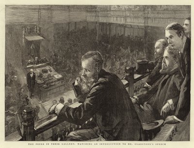Los pares en su galería, observando una interrupción al discurso del Sr. Gladstone de Sydney Prior Hall