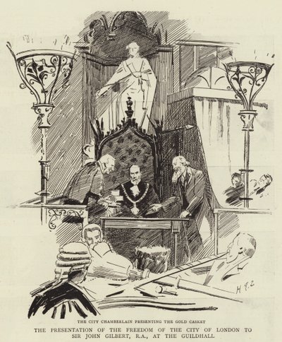 La presentación de la libertad de la ciudad de Londres a Sir John Gilbert, RA, en el Guildhall de Sydney Prior Hall