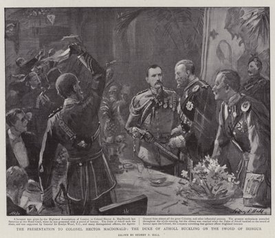 La presentación al Coronel Hector MacDonald, el Duque de Atholl abrochando la Espada de Honor de Sydney Prior Hall