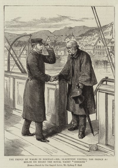 El Príncipe de Gales en Noruega, el Sr. Gladstone visitando al Príncipe en Molde a bordo del yate real Osborne de Sydney Prior Hall
