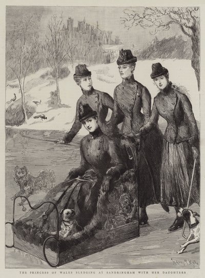 La Princesa de Gales en trineo en Sandringham con sus Hijas de Sydney Prior Hall