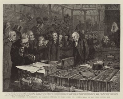 La reconstitución del Parlamento, el Sr. Gladstone entrando en la Cámara durante el discurso del Sr. Fowler sobre el proyecto de ley de los Consejos Parroquiales de Sydney Prior Hall