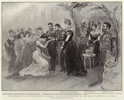La recepción en la Casa de Gobierno, Gibraltar, damas presentadas al Duque de Cornualles y York de Sydney Prior Hall