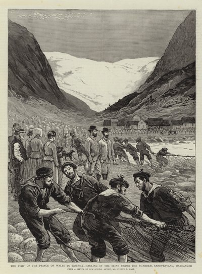 La visita del Príncipe de Gales a Noruega, tirando de la red bajo el Buarbrae, Sandvenvand, Hardanger de Sydney Prior Hall