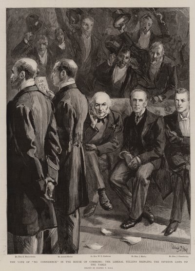 El Voto de No Confianza en la Cámara de los Comunes, los Contadores Liberales llevando las Listas de División a la Mesa de Sydney Prior Hall