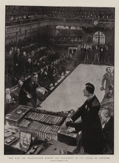 La Guerra, el Sr. Chamberlain haciendo su Declaración en la Cámara de los Comunes de Sydney Prior Hall