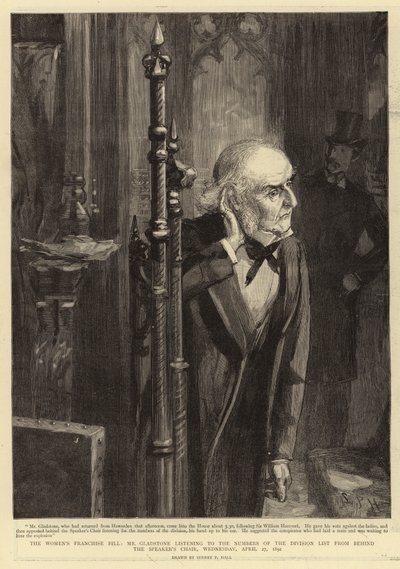 El Proyecto de Ley de Franquicia de las Mujeres, el Sr. Gladstone escuchando los Números de la Lista de División desde detrás de la Silla del Presidente, Miércoles, 27 de abril de 1892 de Sydney Prior Hall