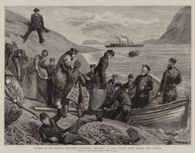Turistas en las Tierras Altas Occidentales, Pasajeros embarcando en Loch Scavaig después de visitar Loch Coruisk de Sydney Prior Hall