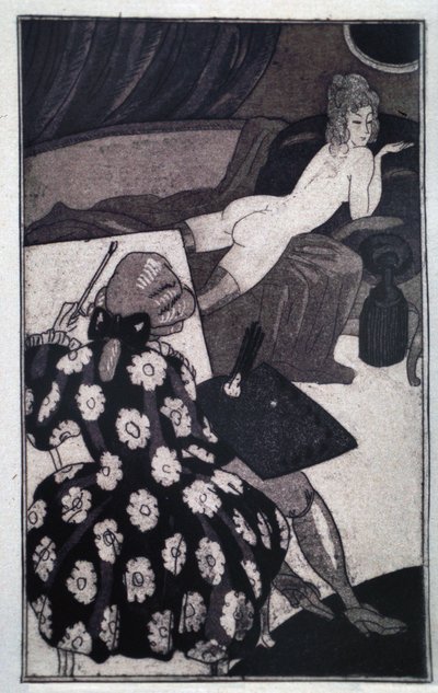 Erotismo: Giacomo Casanova (1725-1798) retratando a su alargada amante lánguidamente desnuda en un sofá (grabado) de Sylvain Sauvage