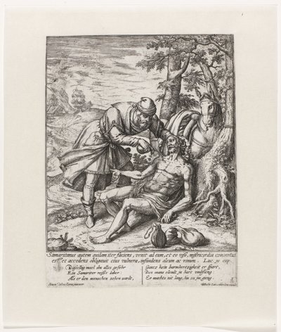 El buen samaritano atiende las heridas del viajero robado Parábola del Buen Samaritano (título de la serie) de Symon Novelanus