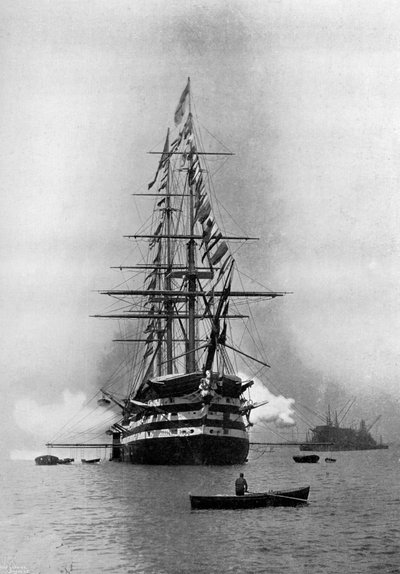 HMS Duke of Wellington disparando un Saludo Real como buque insignia en Portsmouth, Hampshire de Symonds and Co
