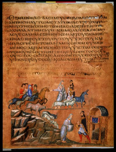 Página completa: texto y miniatura: Abraham y Bera de Sodoma (miniatura sobre pergamino) de Syrian School