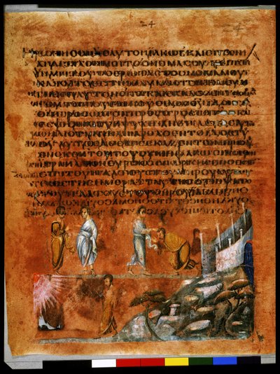 Página completa: texto y miniatura: Jacob preguntando el nombre del ángel (miniatura) de Syrian School