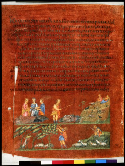 Página completa: texto y miniatura: Labán entregando la oveja negra a sus hijos (miniatura) de Syrian School